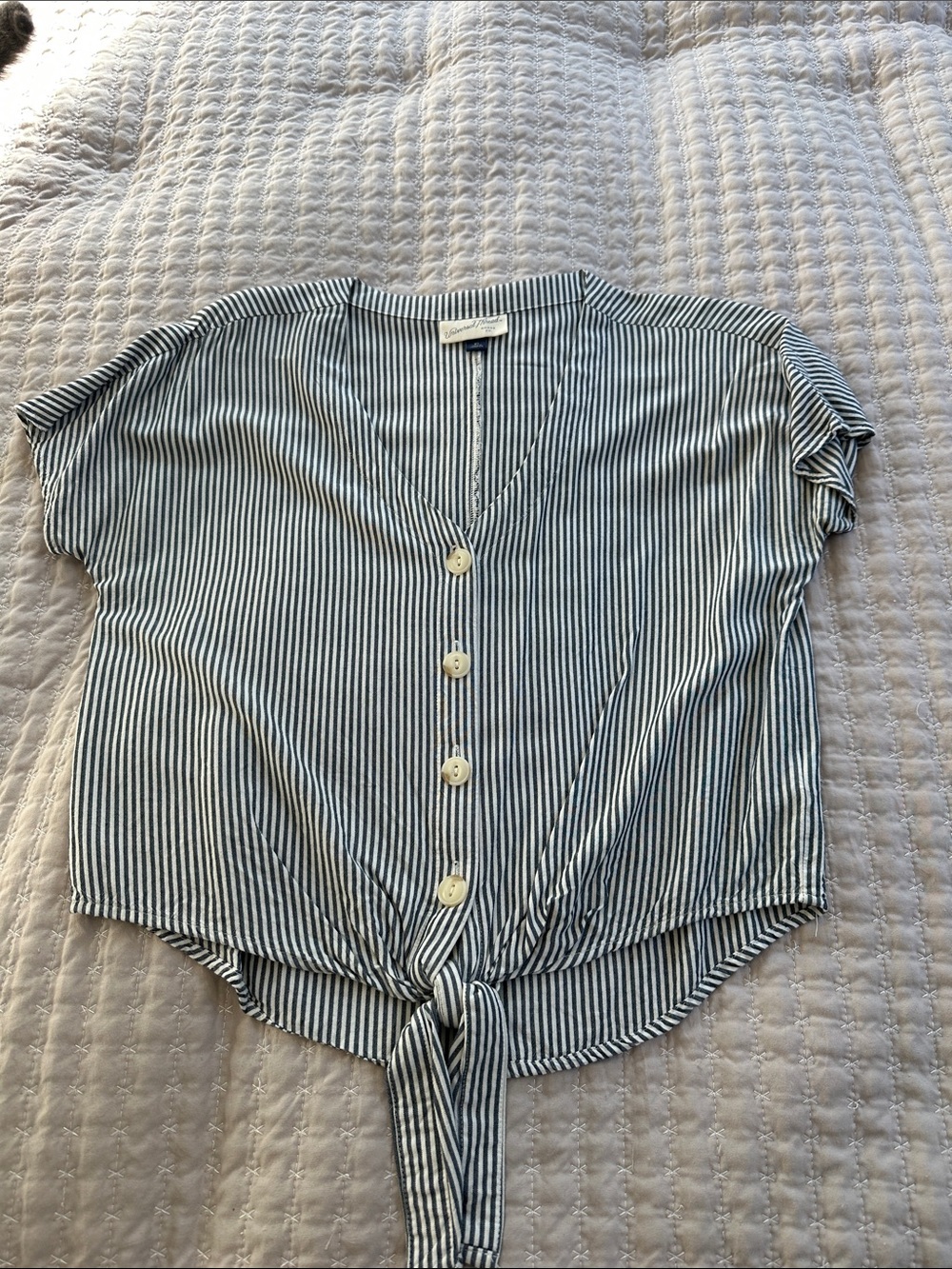 Striped Navy and White Button-Front Tie Hem Women’s Top